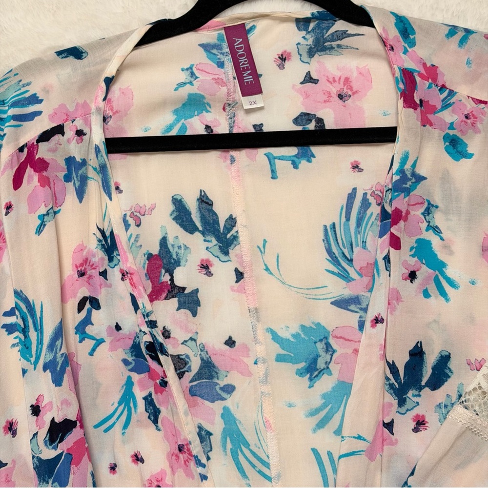 Adore Me 2X Floral Kimono Cardigan Lace Trim Cottagecore Boho Beach Cover Up - Picture 5 of 8